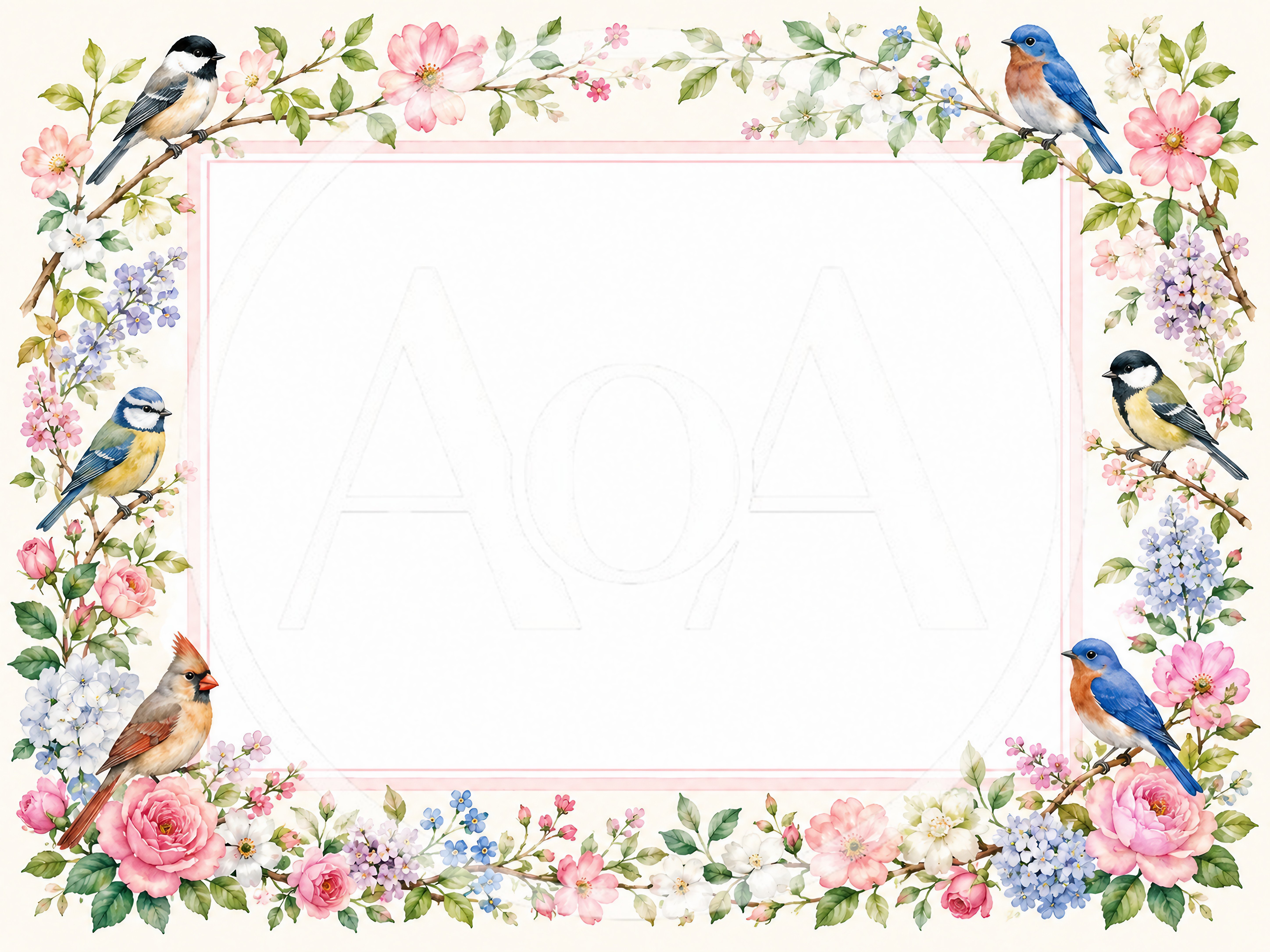 Watercolor Floral Frame With Various Songbirds