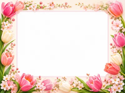 Floral Border Frame With Tulips And Cherry Blossoms