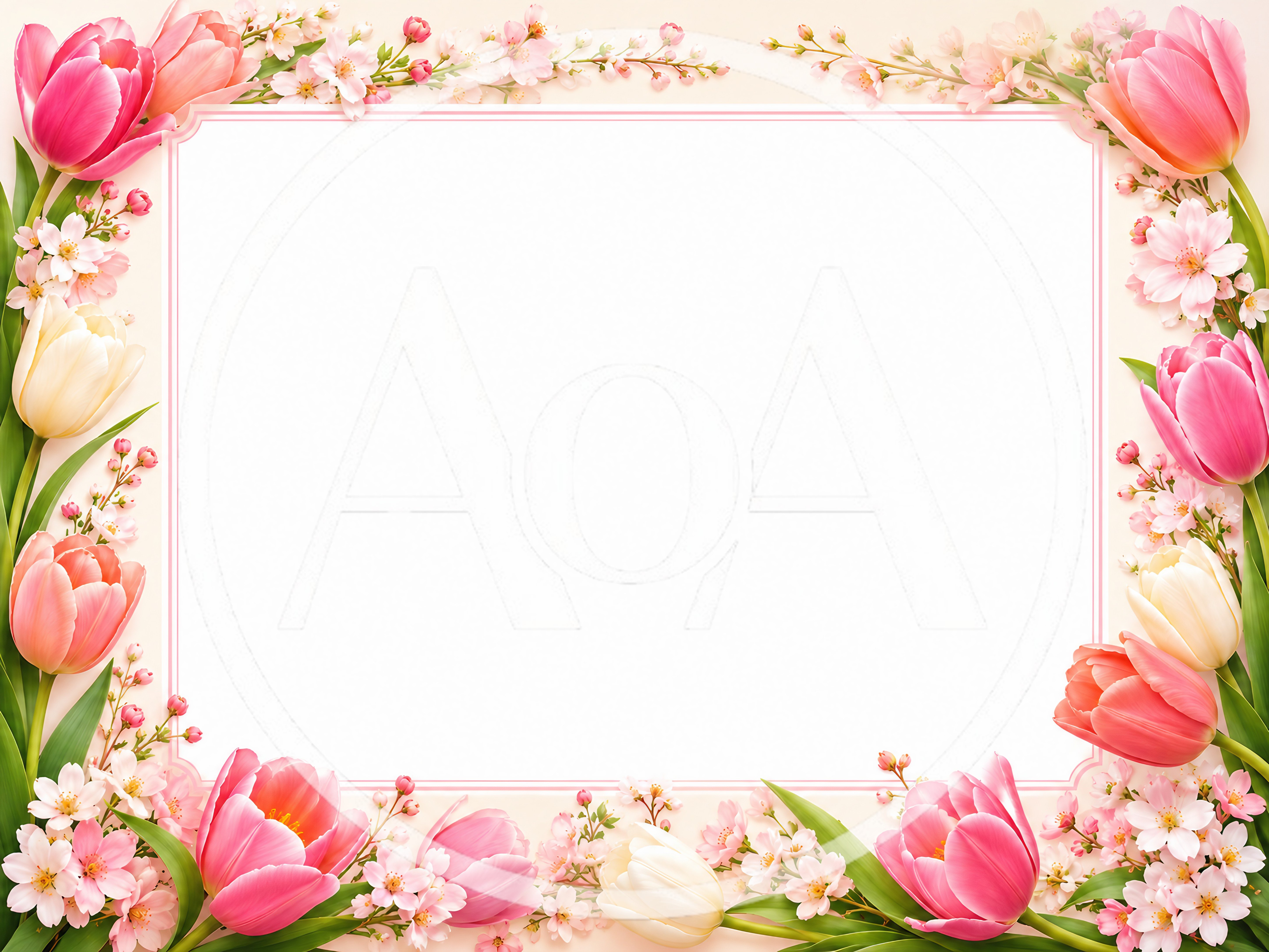 Floral Border Frame With Tulips And Cherry Blossoms