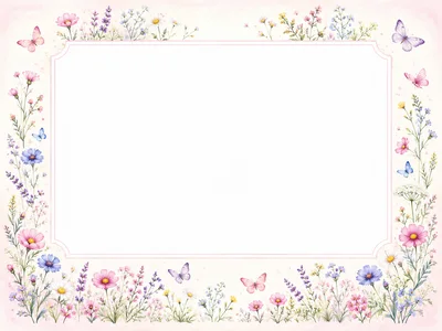 Watercolor Floral Frame With Butterflies And Wildflowers