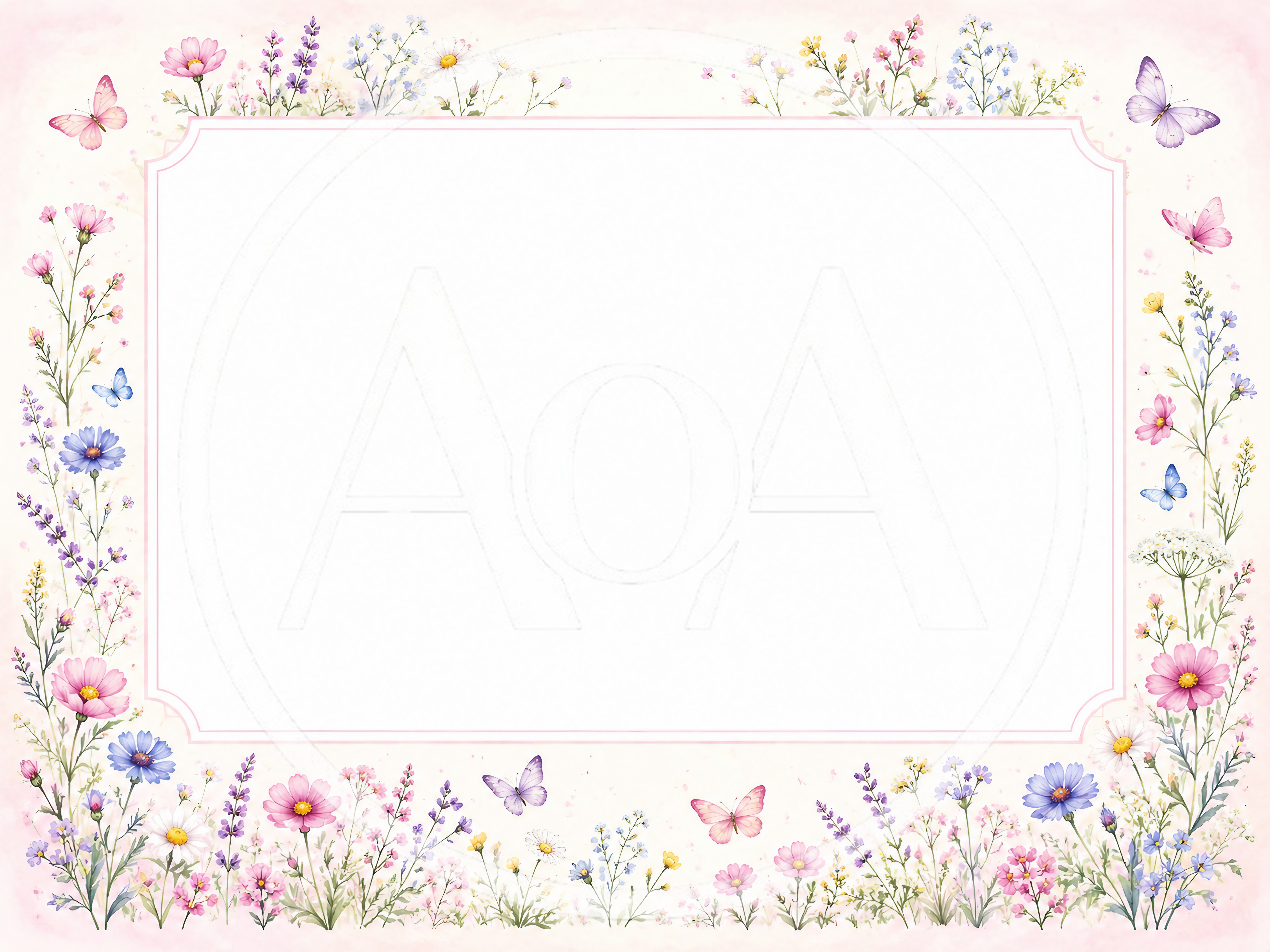 Watercolor Floral Frame With Butterflies And Wildflowers