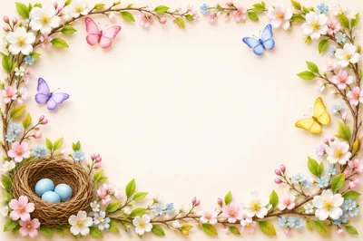 Spring Floral Frame With Easter Nest And Butterflies