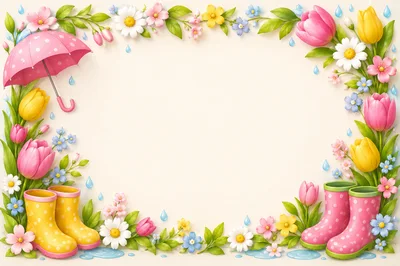 Spring Floral Frame With Rain Boots And Umbrella