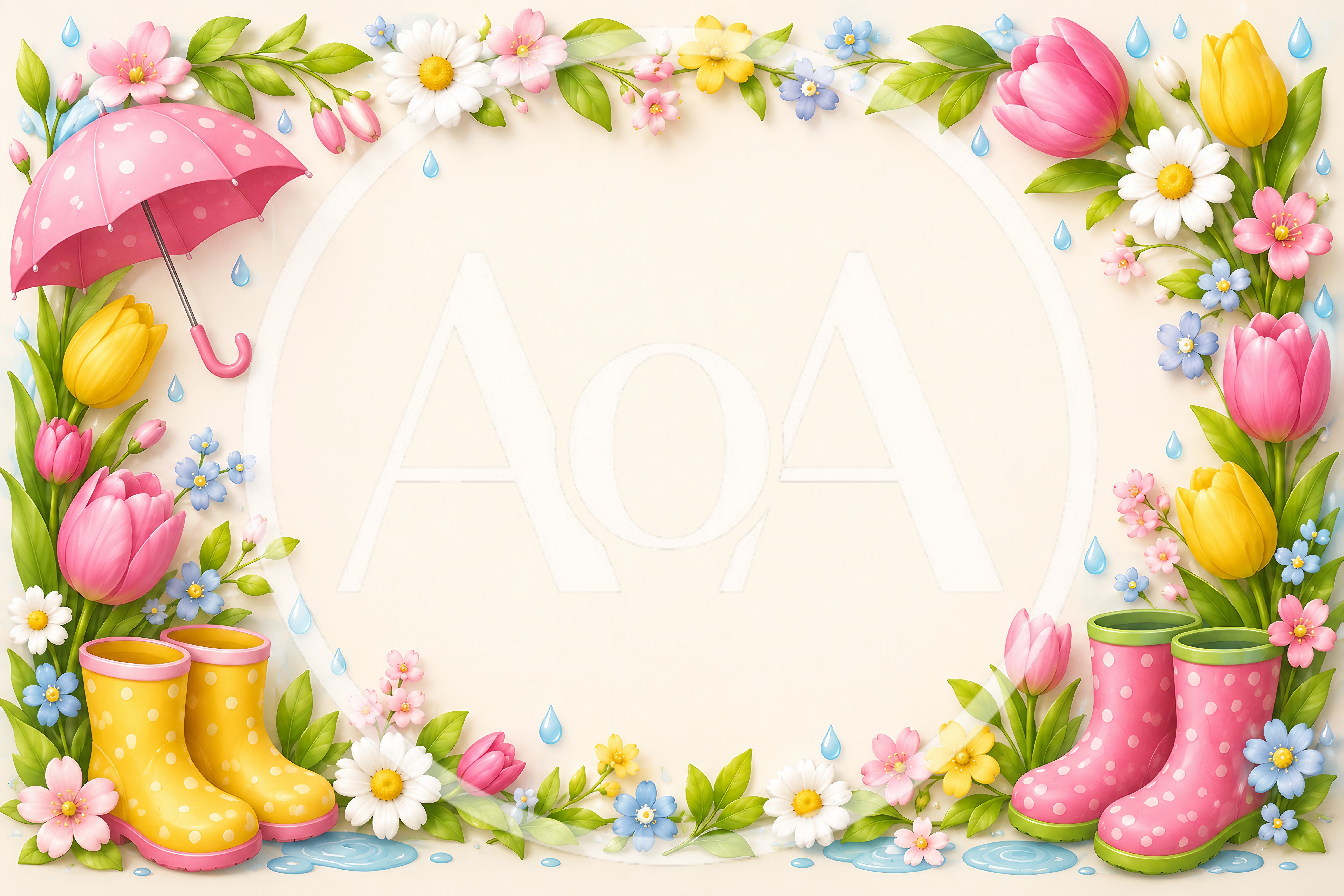 Spring Floral Frame With Rain Boots And Umbrella