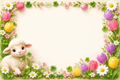 Cute Lamb Surrounded By Spring Flowers Frame