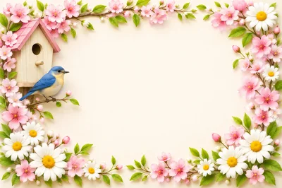 Bluebird Perched Near Birdhouse With Floral Border