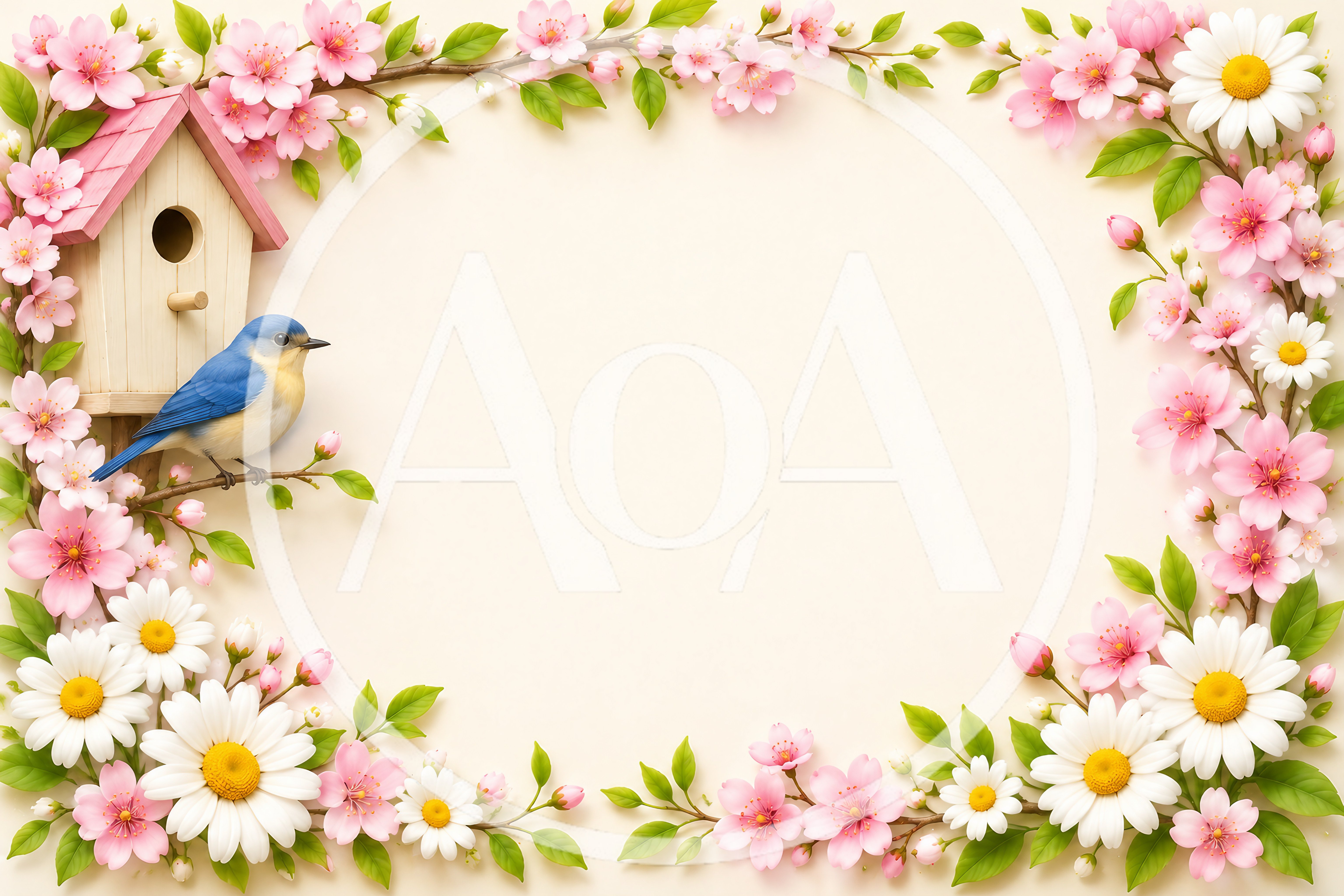 Bluebird Perched Near Birdhouse With Floral Border