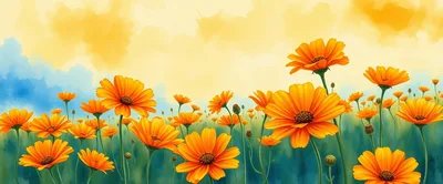 Watercolor Painting Of Vibrant Orange Calendula Flowers