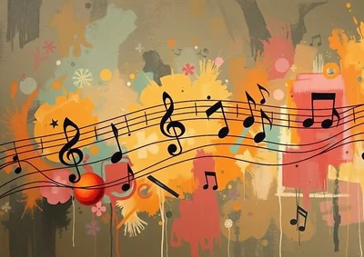 Abstract Musical Notes On Colorful Painted Background