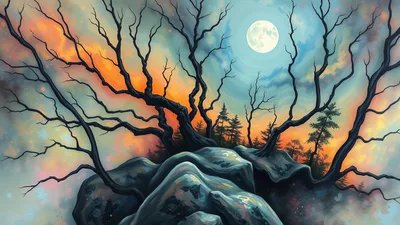 Surreal Landscape With Bare Trees And Full Moon