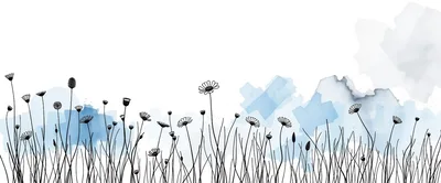 Minimalist Line Art Wildflowers With Blue Watercolor Background
