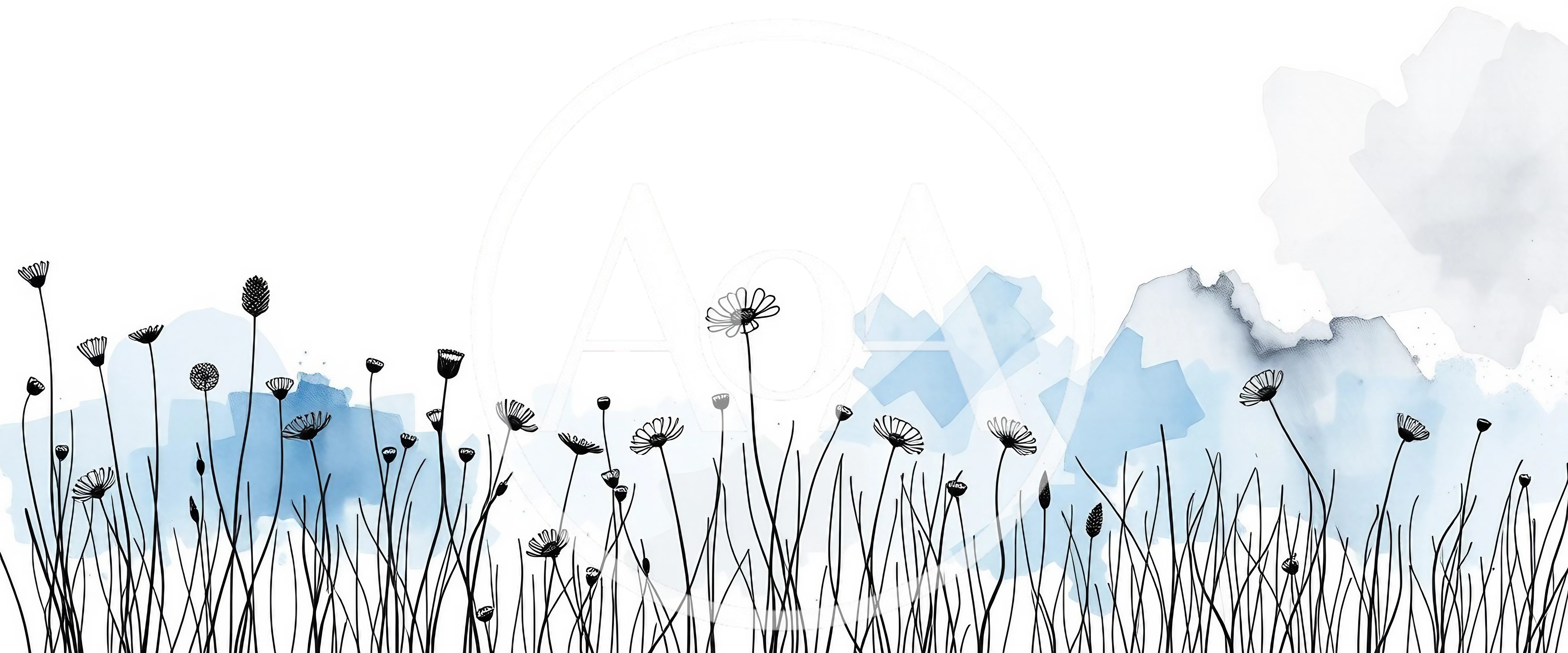 Minimalist Line Art Wildflowers With Blue Watercolor Background