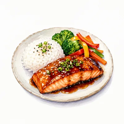 Watercolor Illustration Of Teriyaki Salmon With Rice And Vegetables