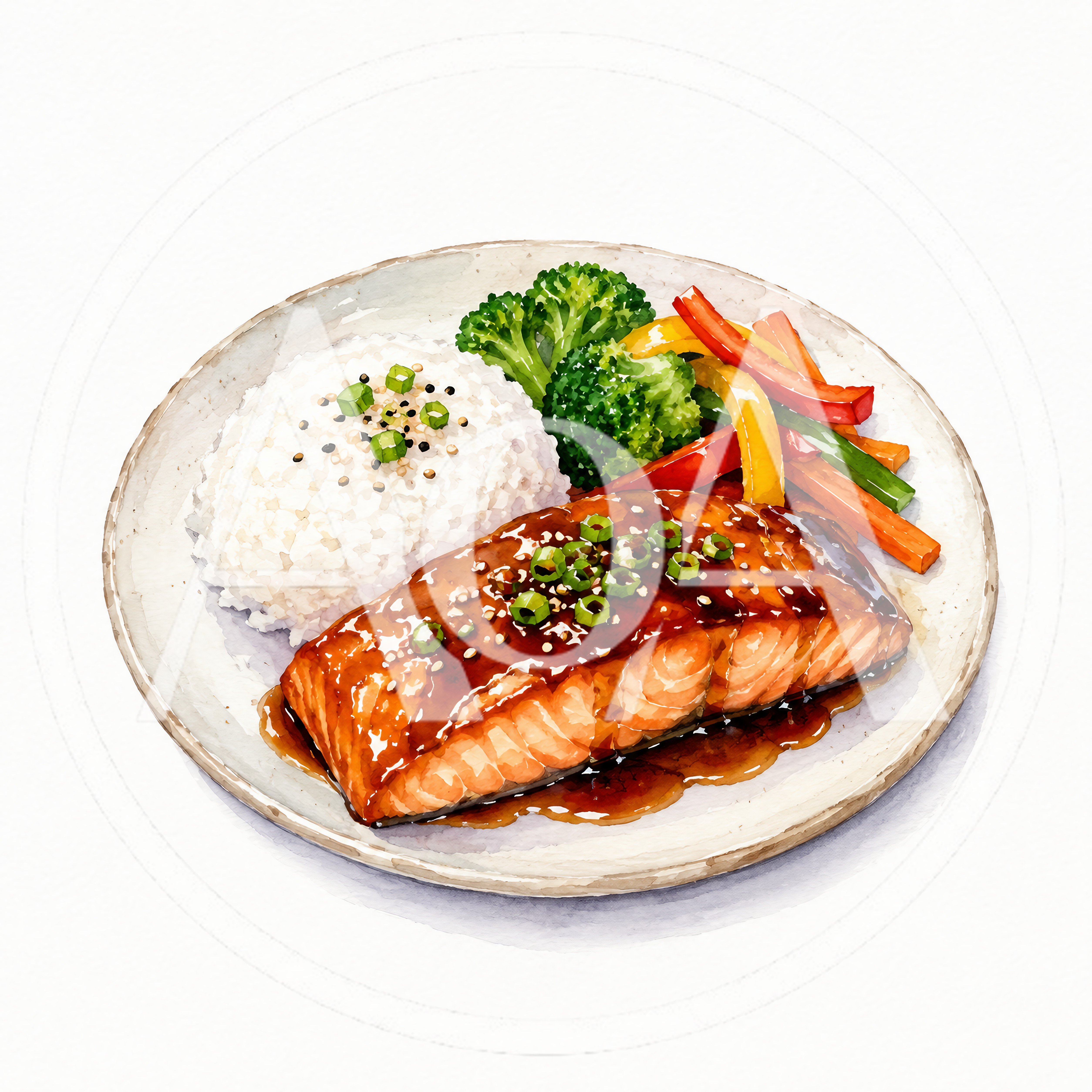 Watercolor Illustration Of Teriyaki Salmon With Rice And Vegetables