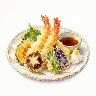 Watercolor Illustration Of Japanese Tempura Platter