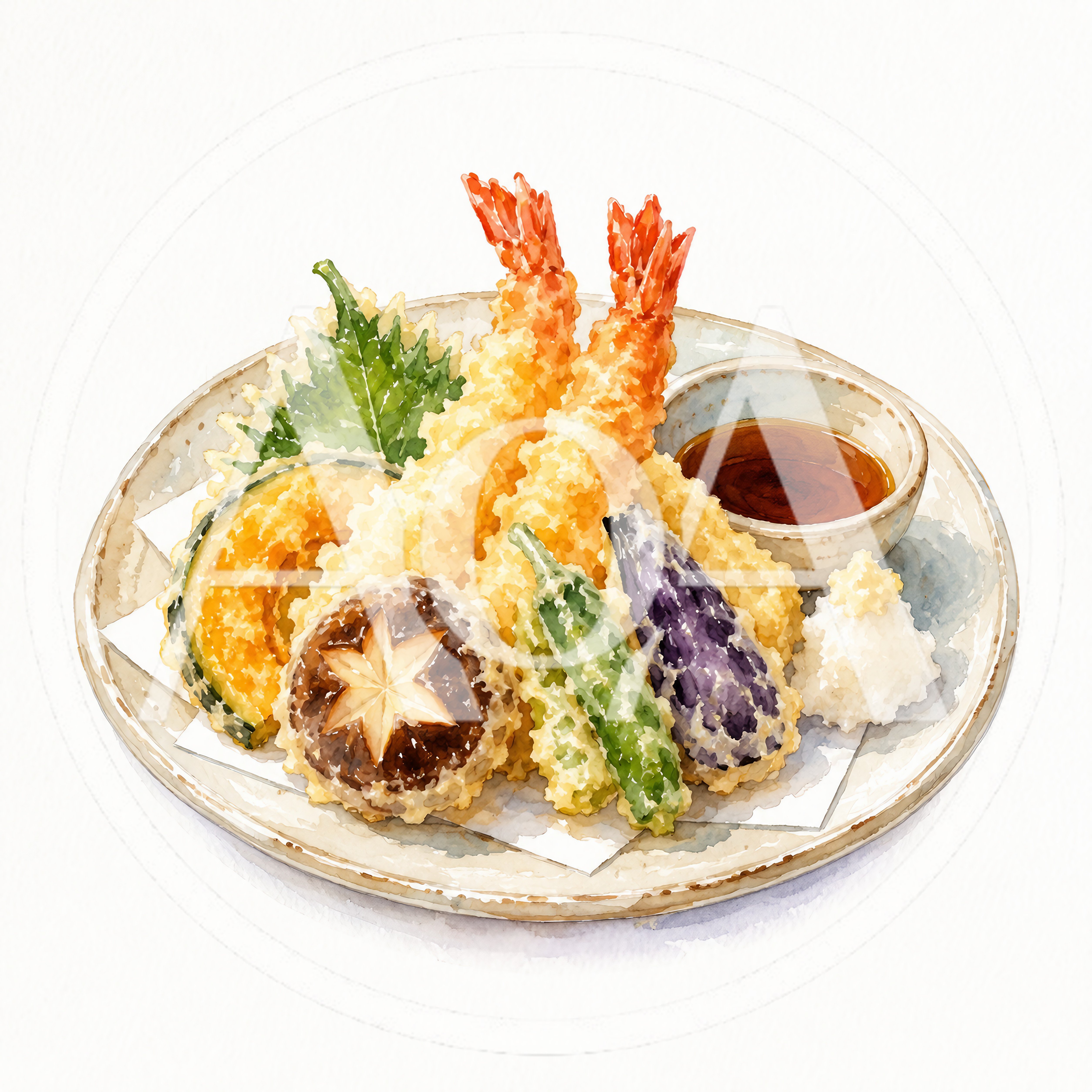 Watercolor Illustration Of Japanese Tempura Platter