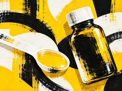 Medicine Bottle and Spoon with Abstract Painted Background