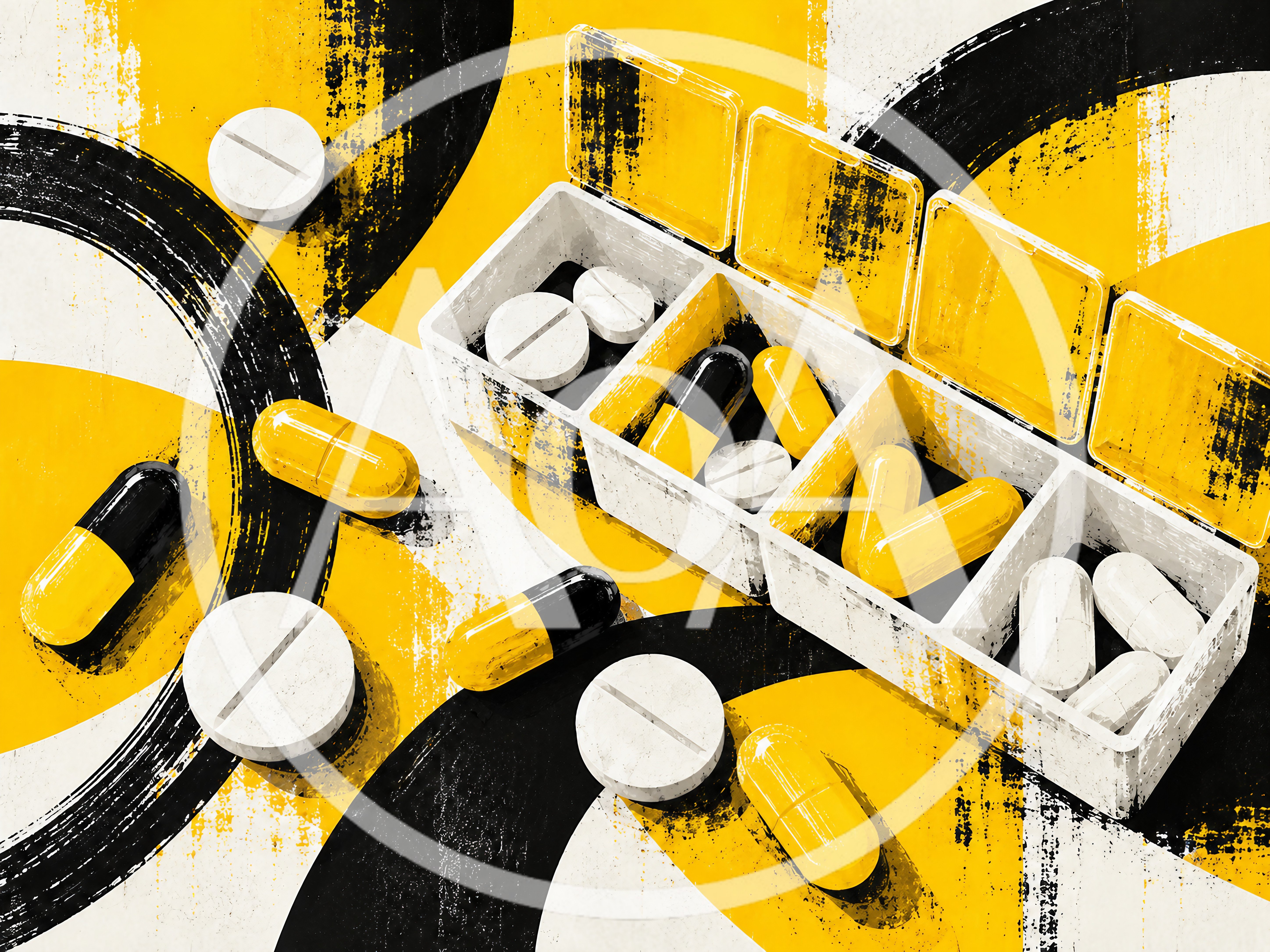 Pill Organizer With Assorted Medication On Abstract Background