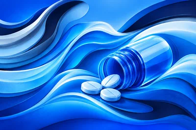 Blue Pill Bottle With Tablets On Abstract Background