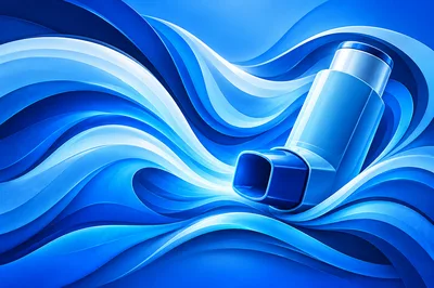 Blue Asthma Inhaler Floating In Abstract Flowing Waves