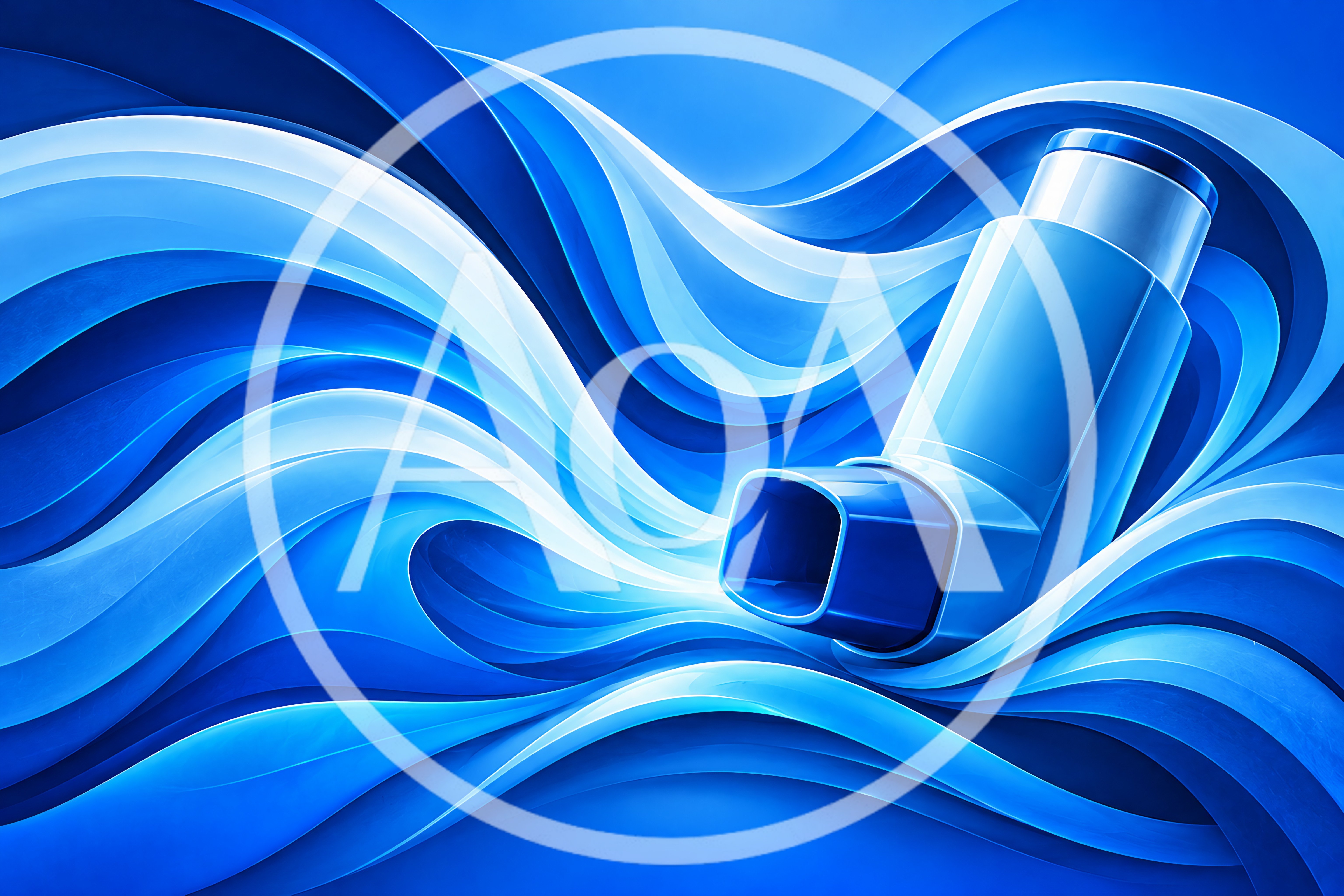 Blue Asthma Inhaler Floating In Abstract Flowing Waves