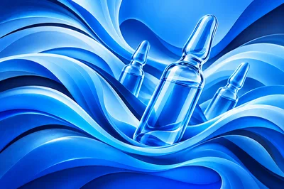 Glass Medical Ampoules Floating In Abstract Blue Waves