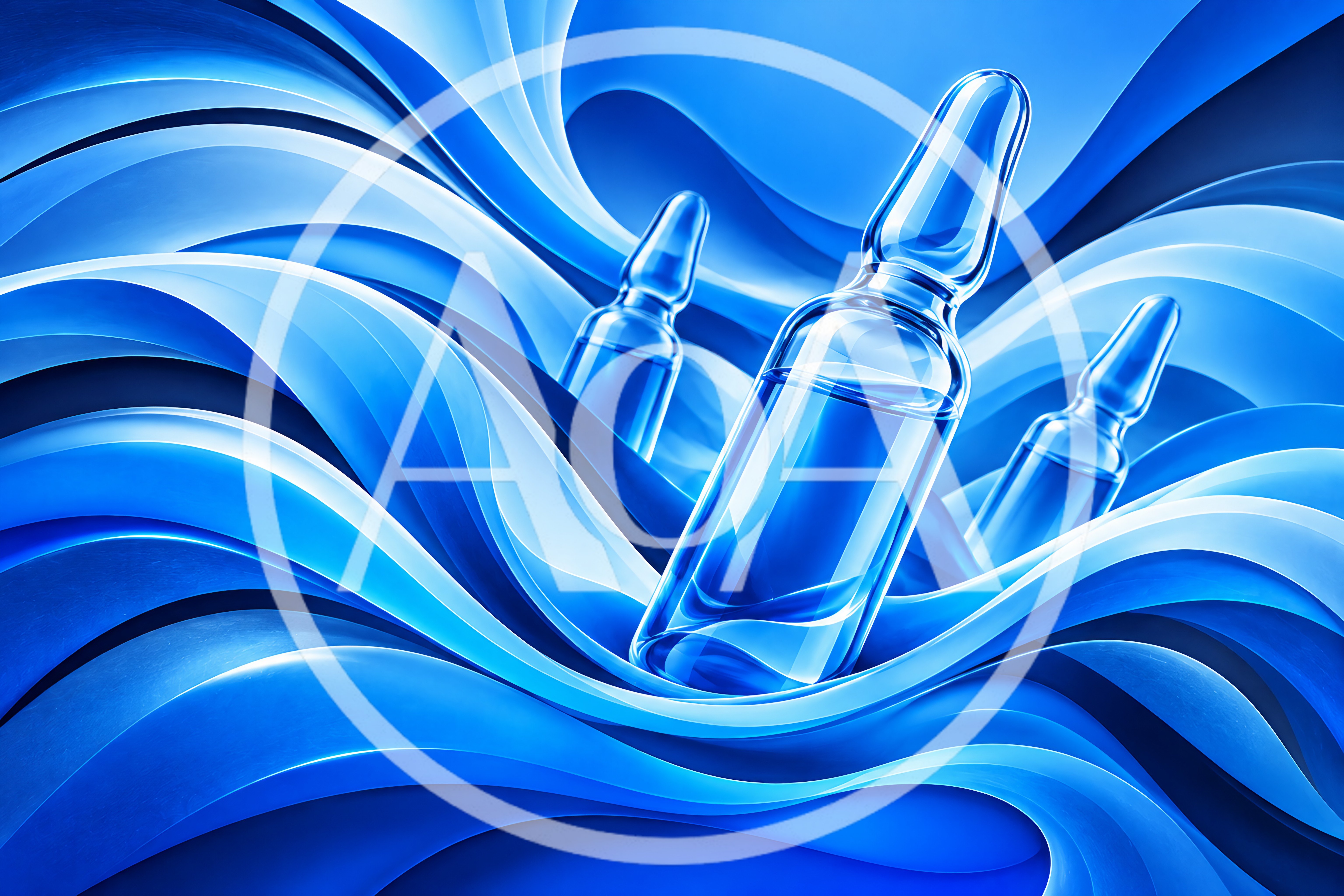 Glass Medical Ampoules Floating In Abstract Blue Waves