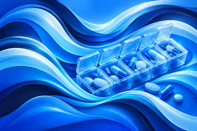 Pill Organizer With Medication On Abstract Blue Background