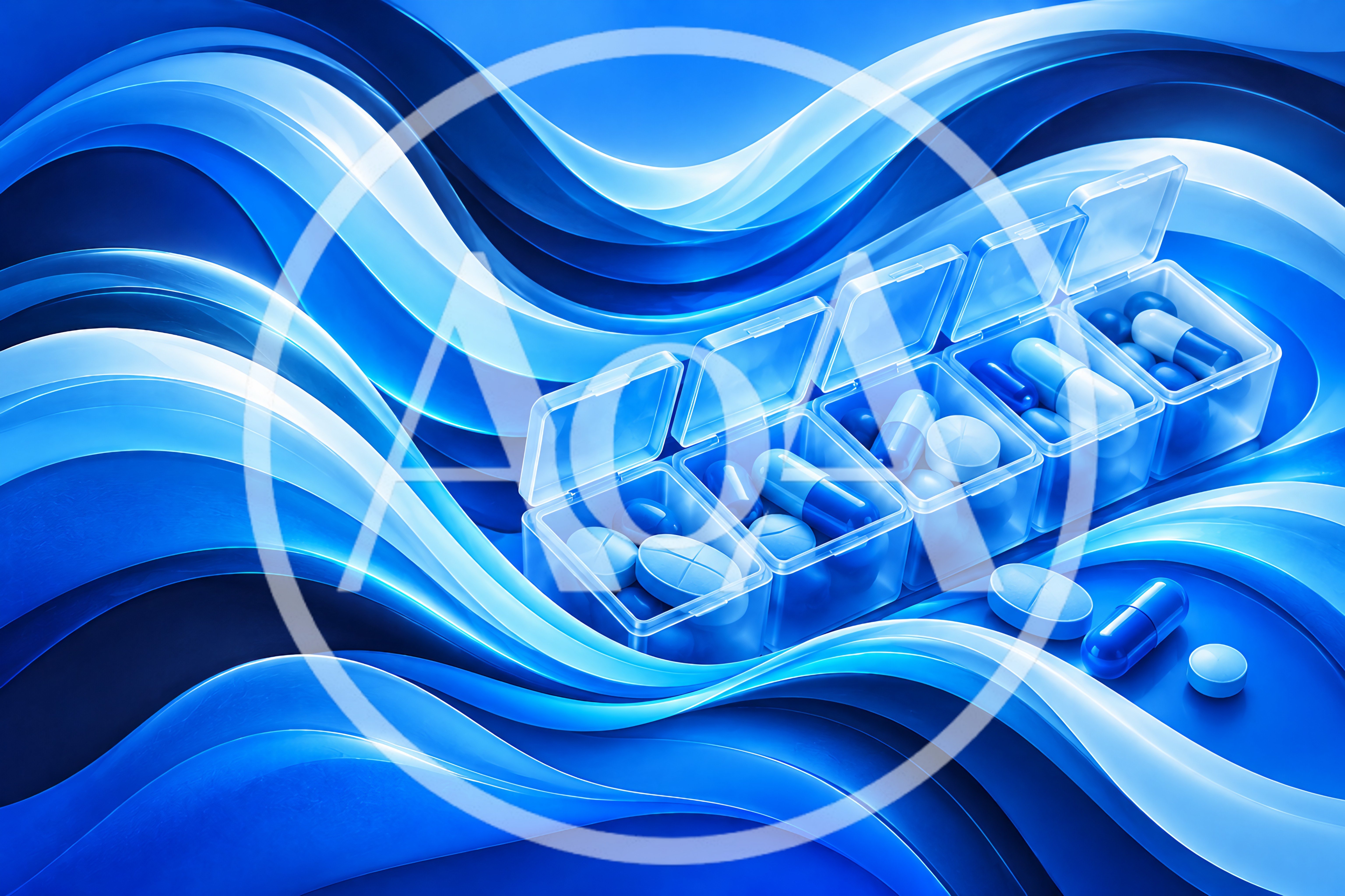 Pill Organizer With Medication On Abstract Blue Background