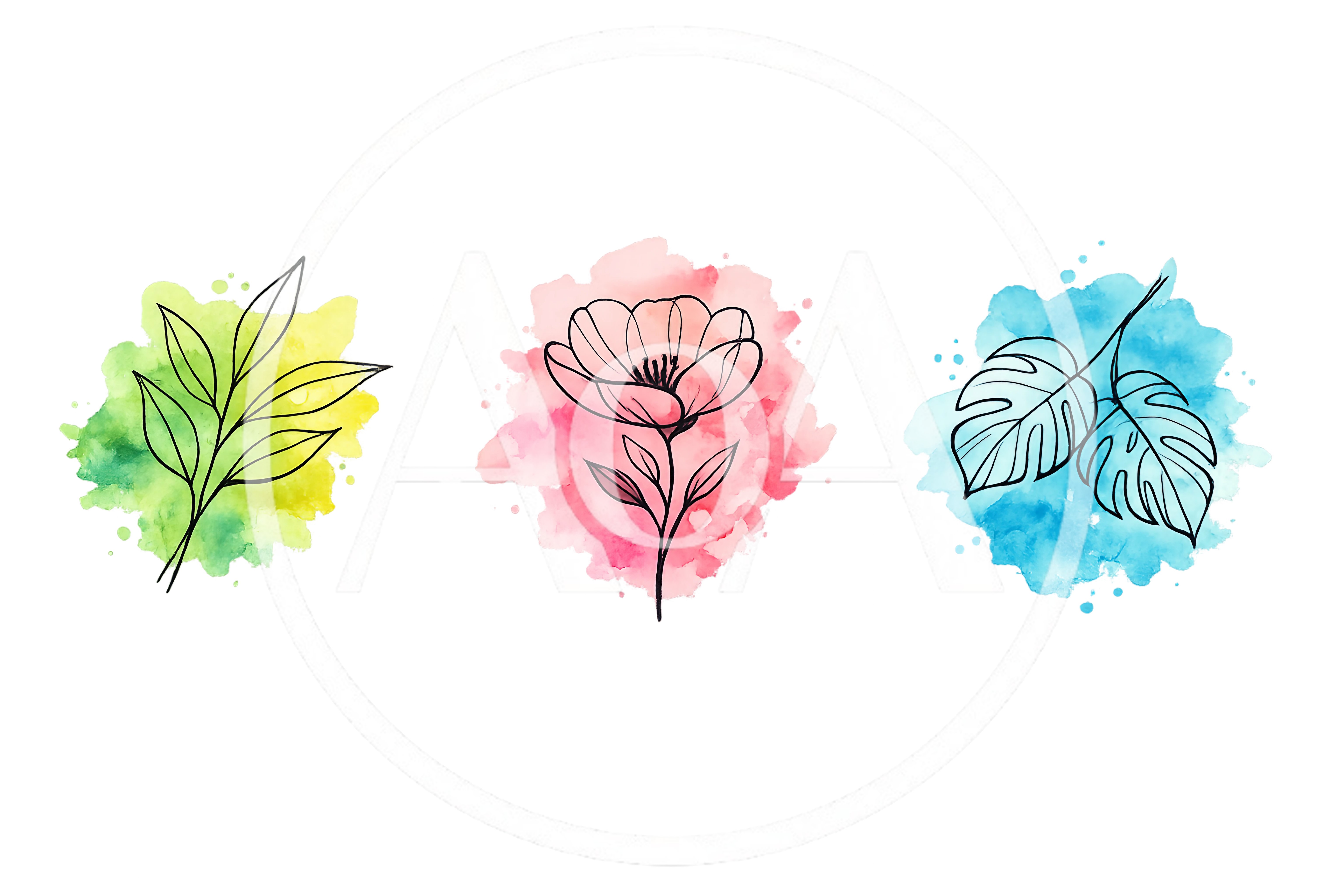 Watercolor Botanical Illustrations With Line Art Elements