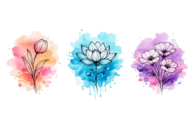 Watercolor Floral Illustrations With Line Art Flowers
