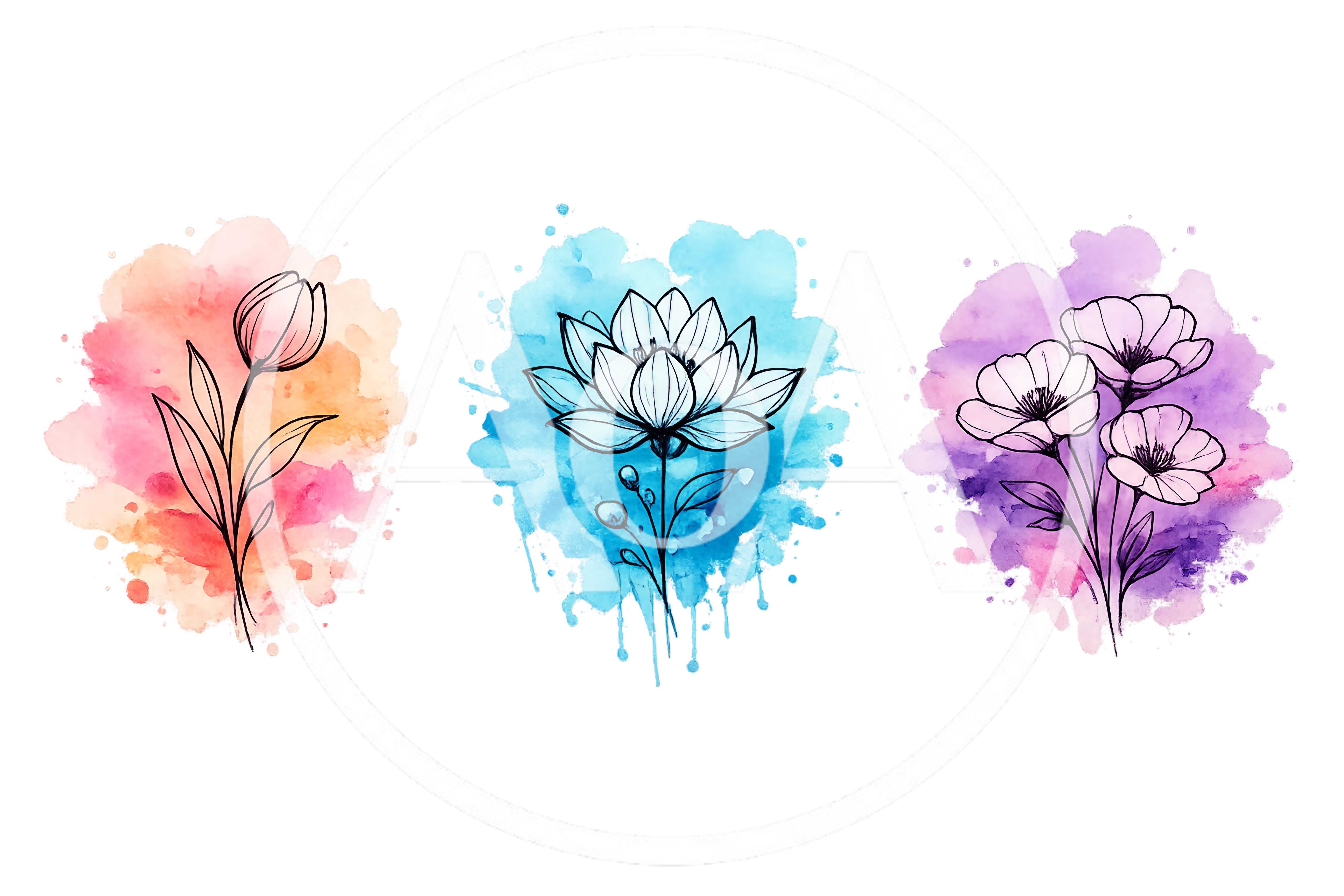 Watercolor Floral Illustrations With Line Art Flowers