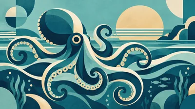 Stylized Octopus Swimming In Abstract Ocean Landscape