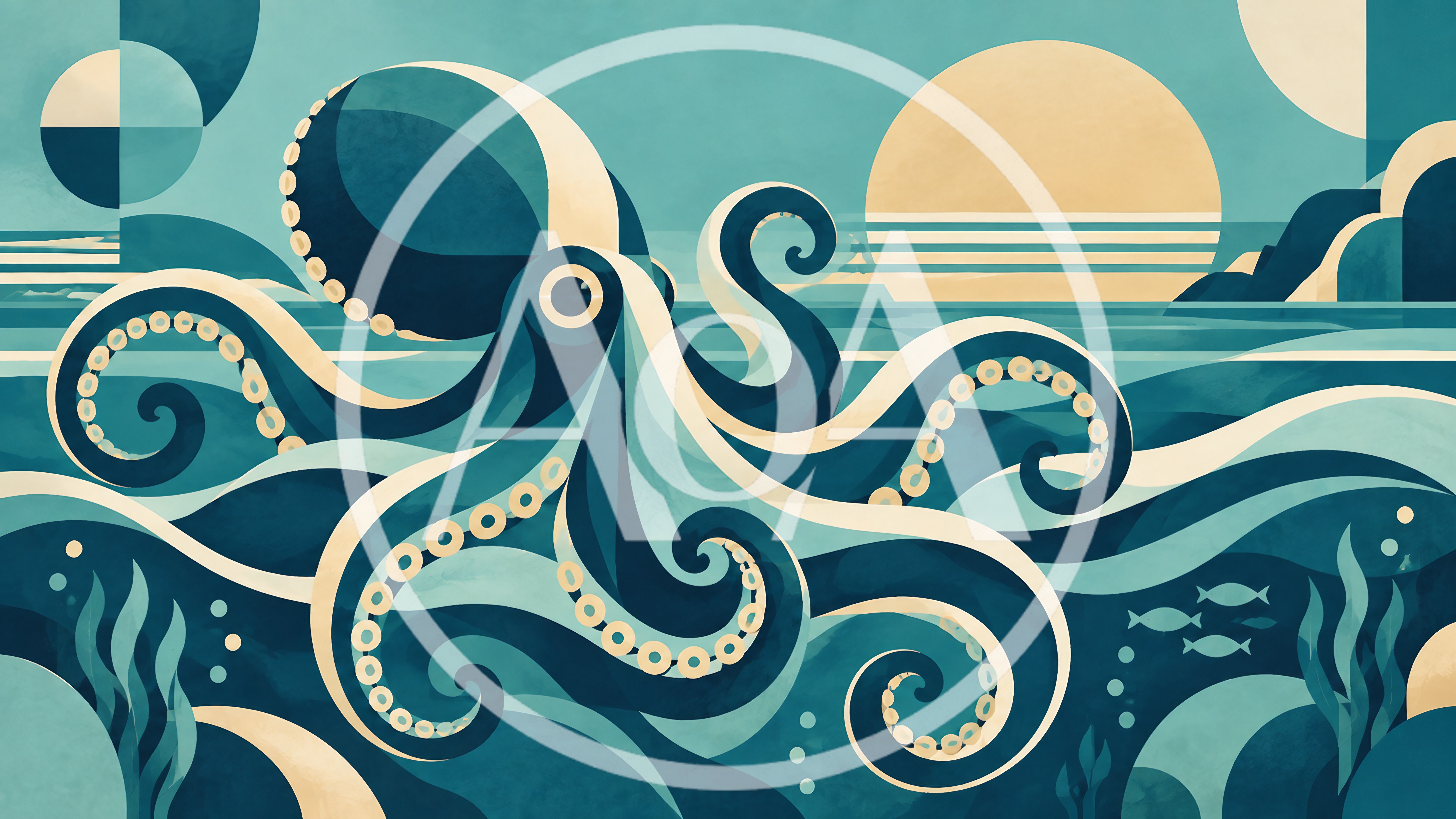 Stylized Octopus Swimming In Abstract Ocean Landscape