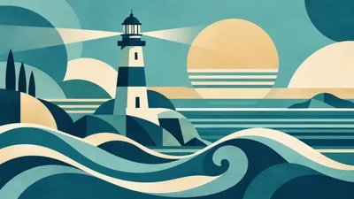 Minimalist Geometric Lighthouse Illustration At Sunset