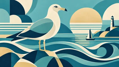 Stylized Seagull Standing On Rocks By The Sea