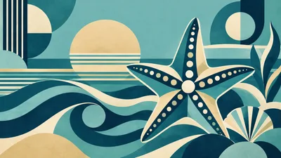 Abstract Geometric Starfish And Ocean Waves Illustration