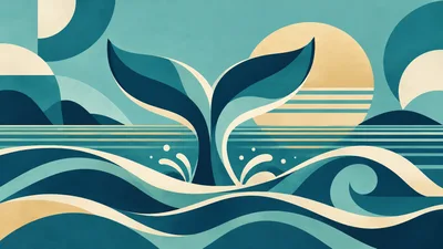 Minimalist Whale Tail Illustration Over Ocean Waves