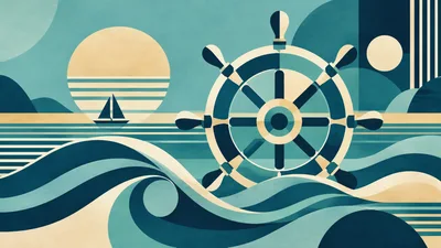 Geometric Ship Wheel Over Stylized Ocean Waves