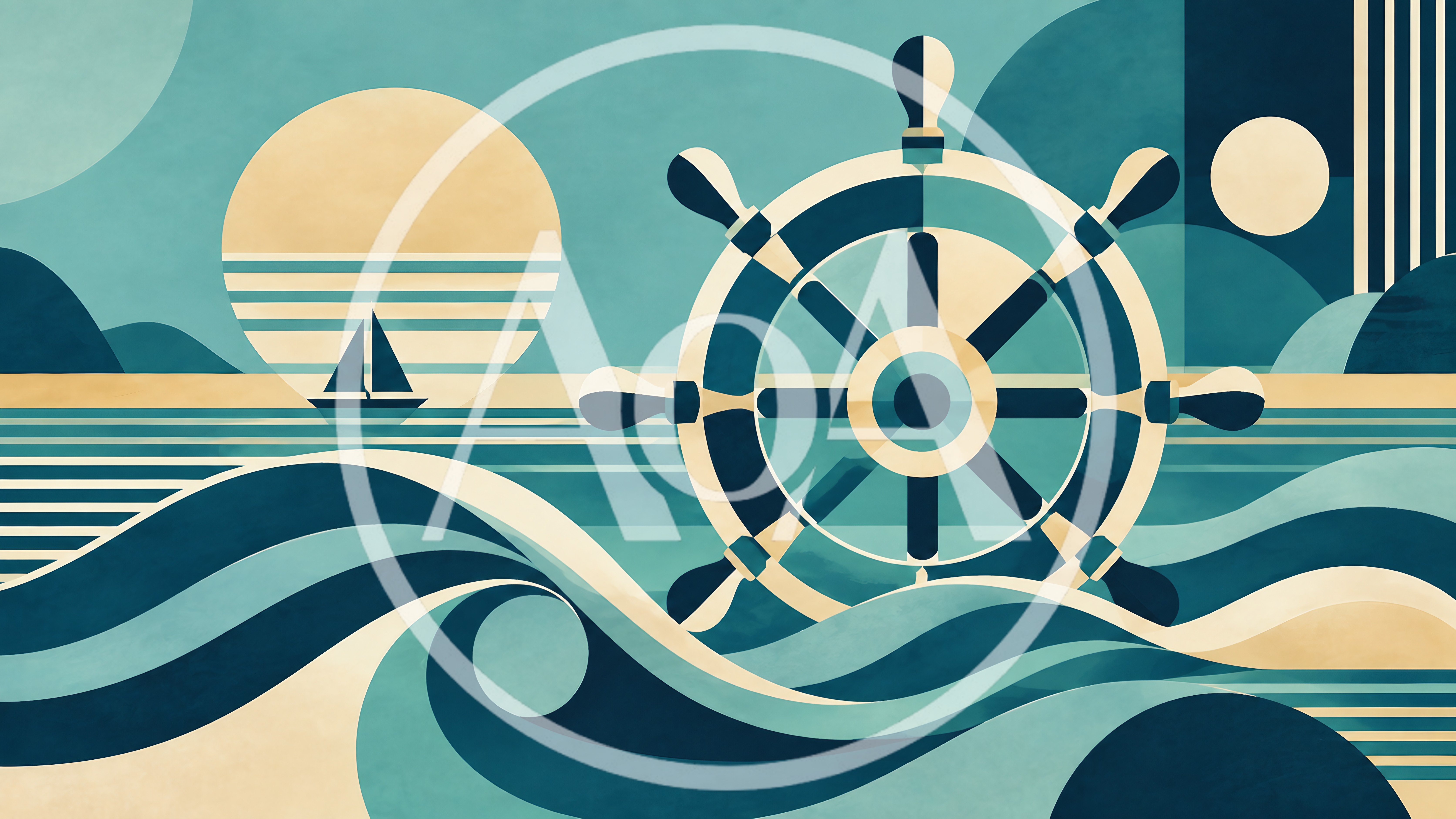 Geometric Ship Wheel Over Stylized Ocean Waves