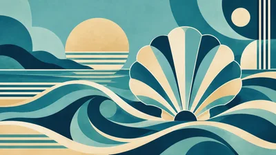 Abstract Art Deco Seashell And Ocean Wave Illustration