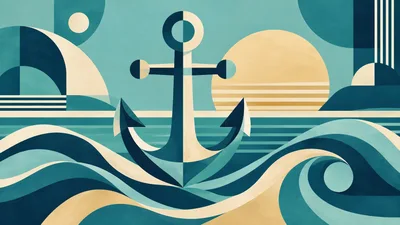Geometric Anchor Illustration With Stylized Ocean Waves