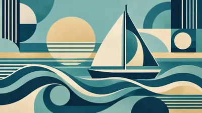 Abstract Geometric Sailboat Sailing On Stylized Ocean Waves