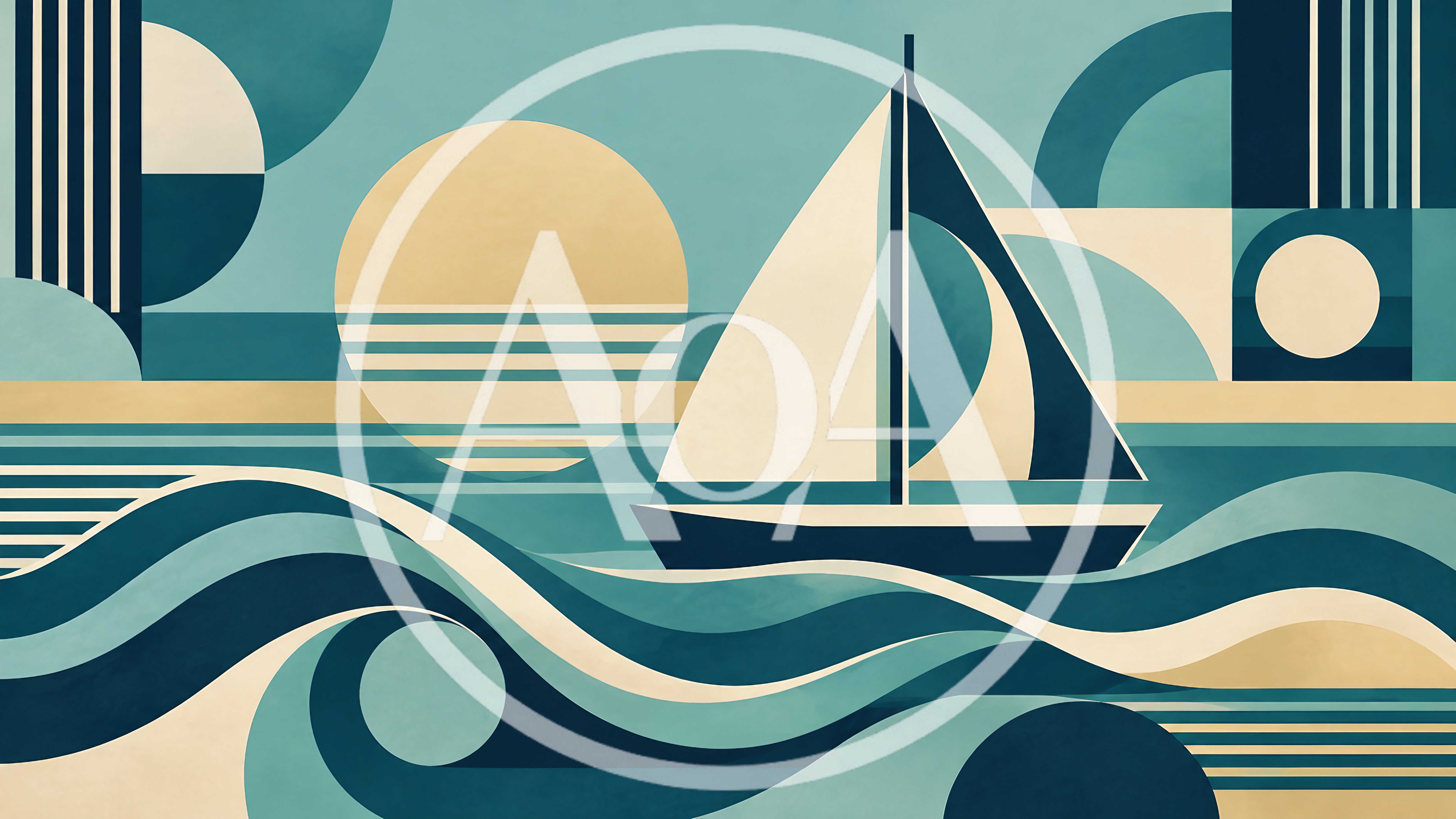 Abstract Geometric Sailboat Sailing On Stylized Ocean Waves