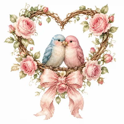 Two Lovebirds Perched Inside A Floral Heart Wreath
