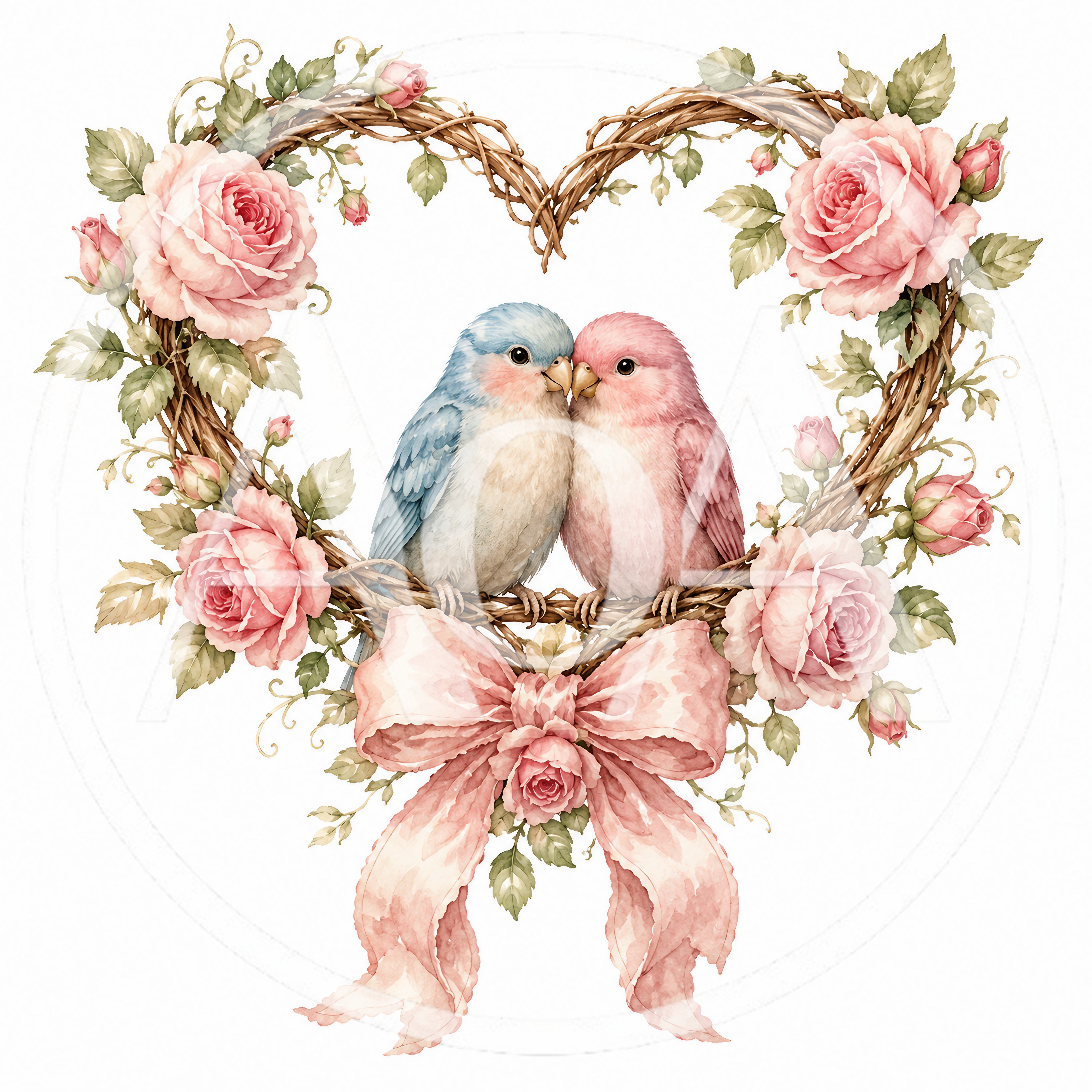 Two Lovebirds Perched Inside A Floral Heart Wreath