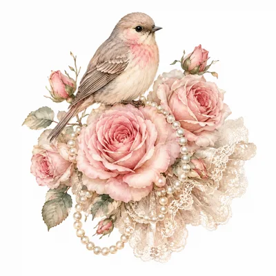 Vintage Bird Perched On Pink Roses With Pearls