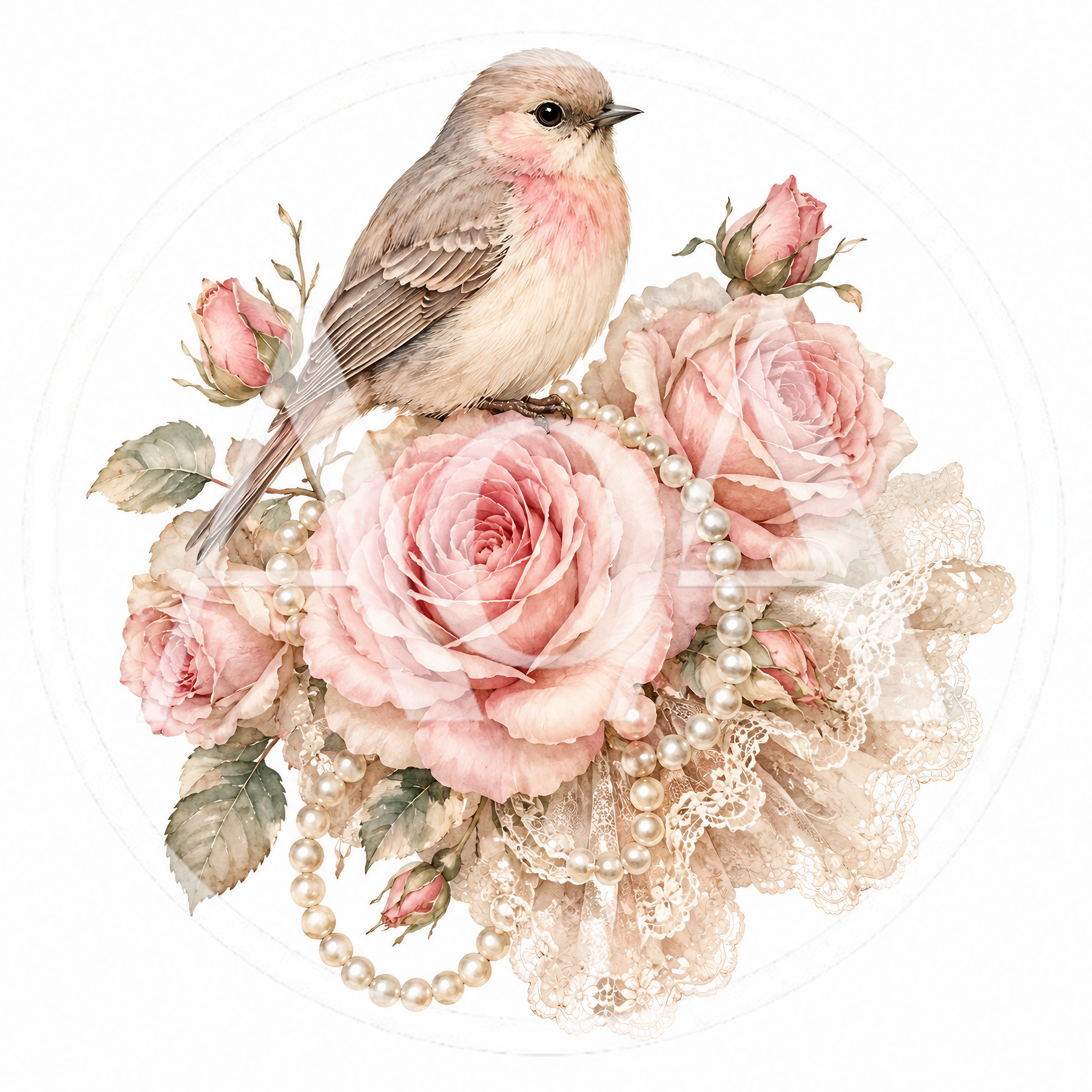 Vintage Bird Perched On Pink Roses With Pearls