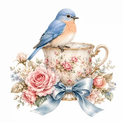 Bluebird Perched On A Floral Vintage Teacup