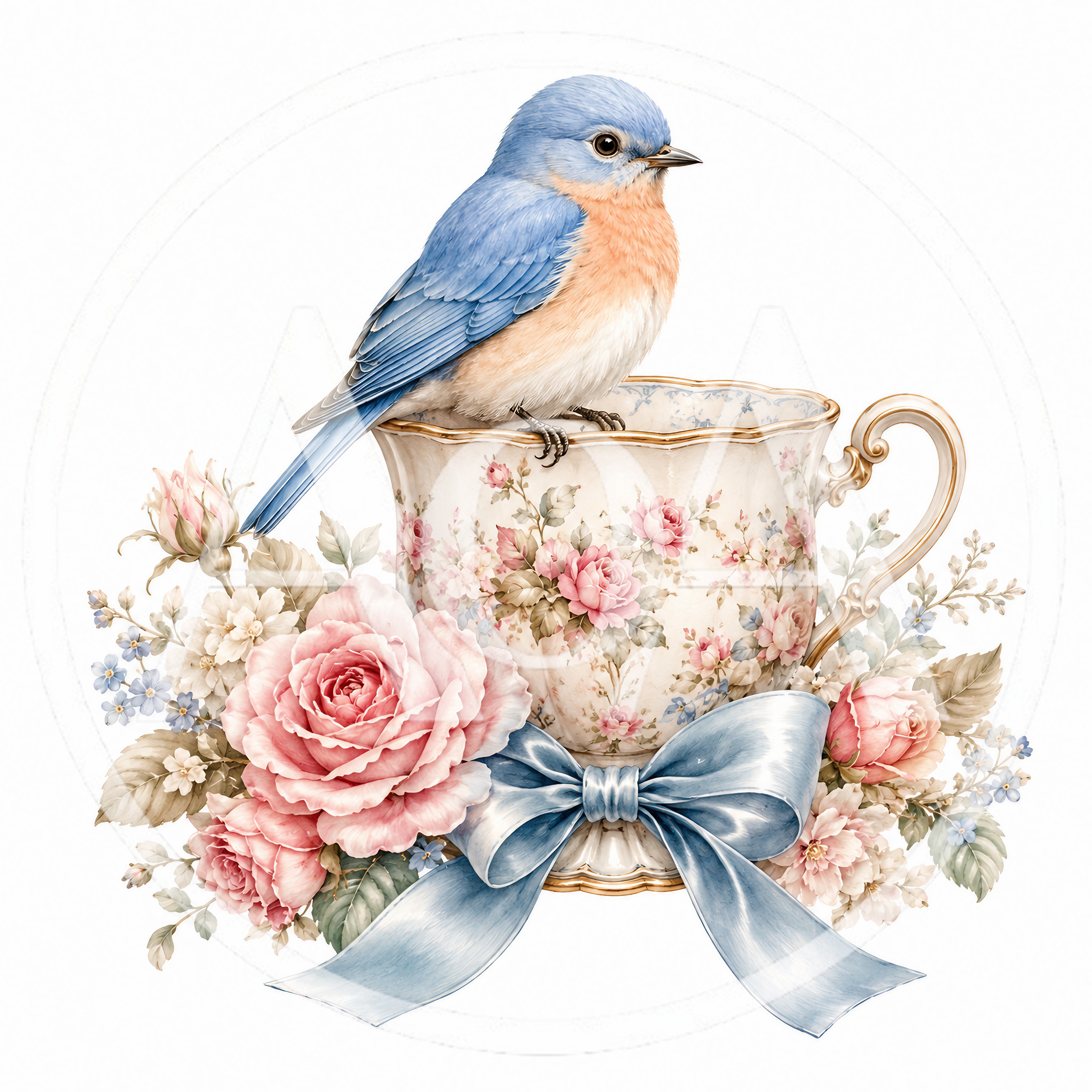 Bluebird Perched On A Floral Vintage Teacup